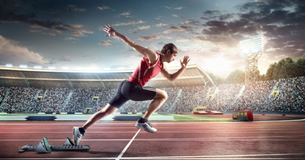 An AI image of a young man sprinting on an outdoor track.